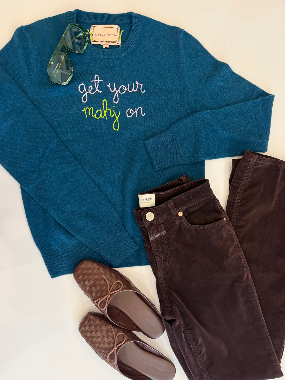 Get your Maj On Embroidered 100% Cashmere Crewneck Sweater Peacock