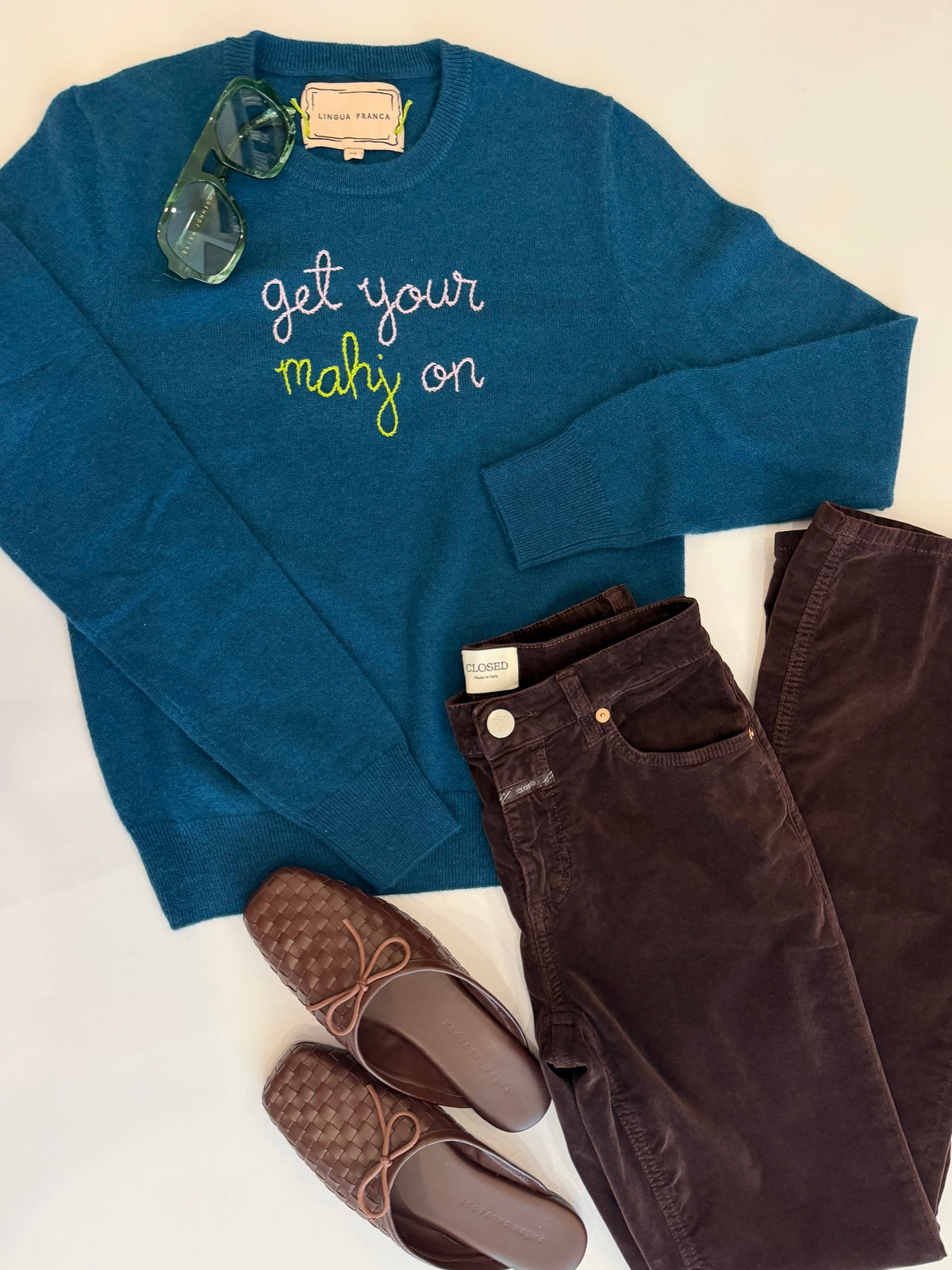 Get your Maj On Embroidered 100% Cashmere Crewneck Sweater Peacock
