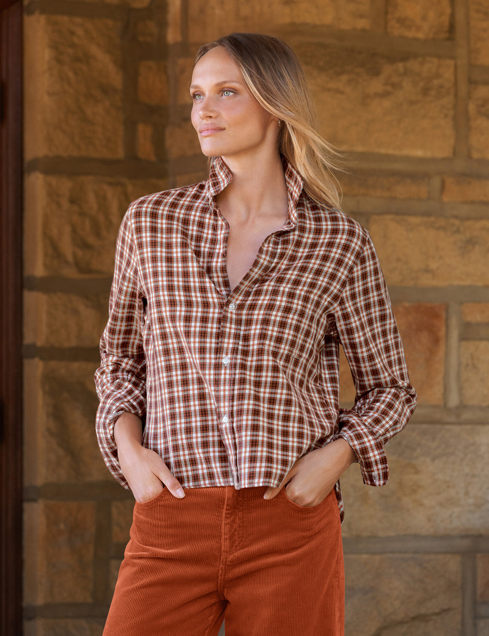Silvio Untuckable Button-Up Shirt Pumpkin White Small Plaid