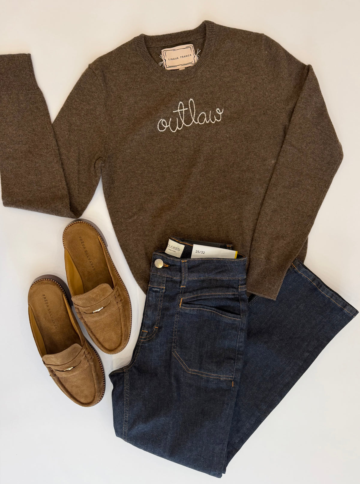 Outlaw Embroidered 100% Cashmere Crewneck Sweater Walnut