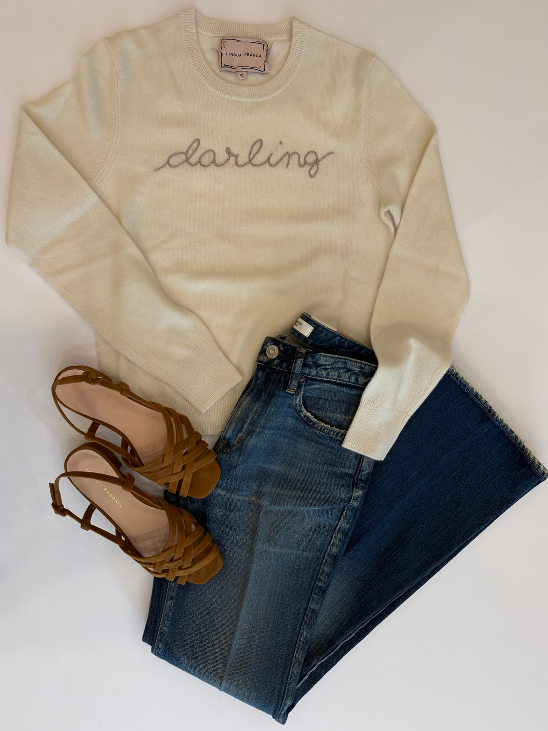 Darling Embroidered 100% Cashmere Crewneck Sweater Cream
