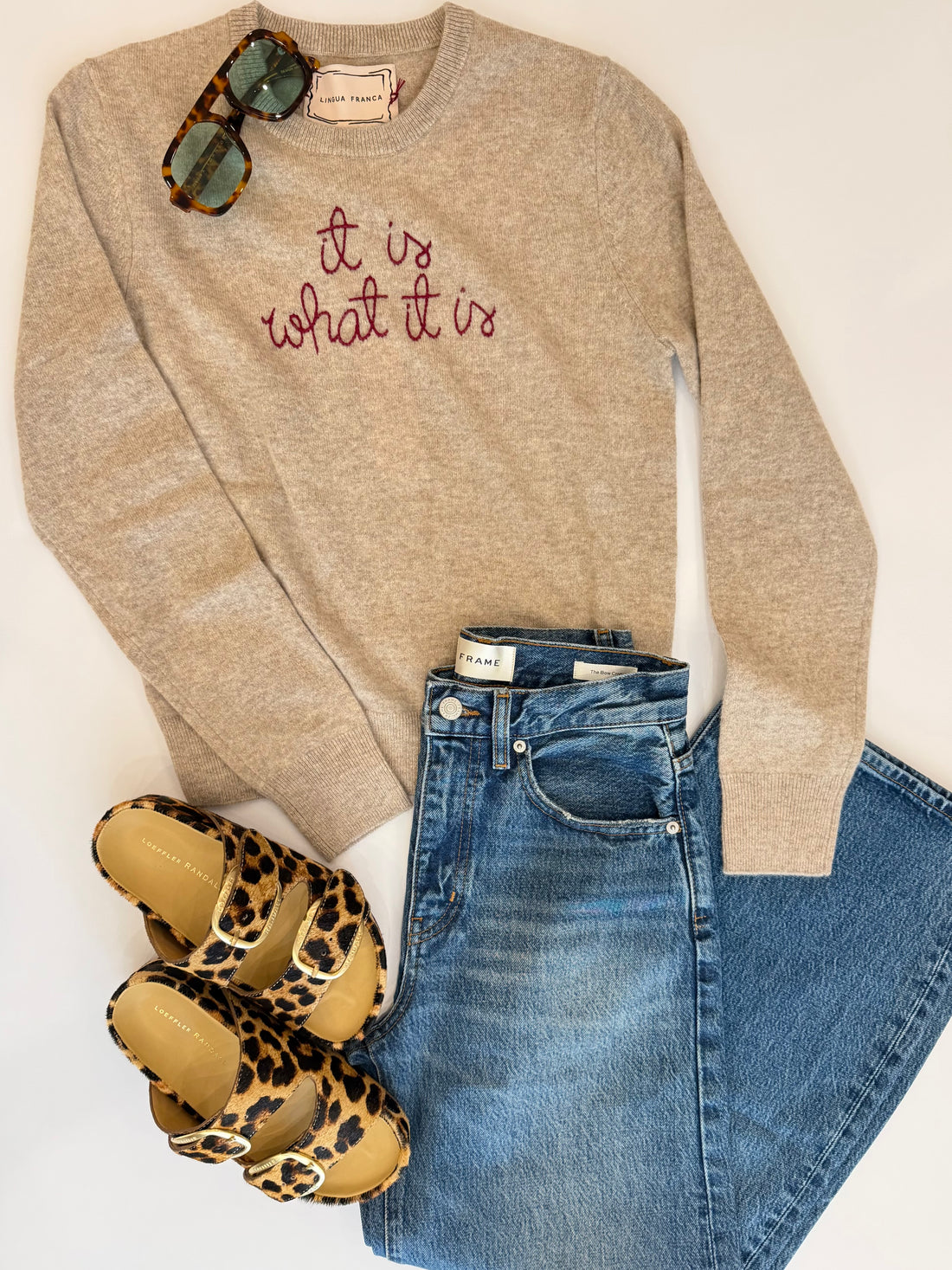 It Is What It Is Embroidered 100% Cashmere Crewneck Sweater Oatmeal