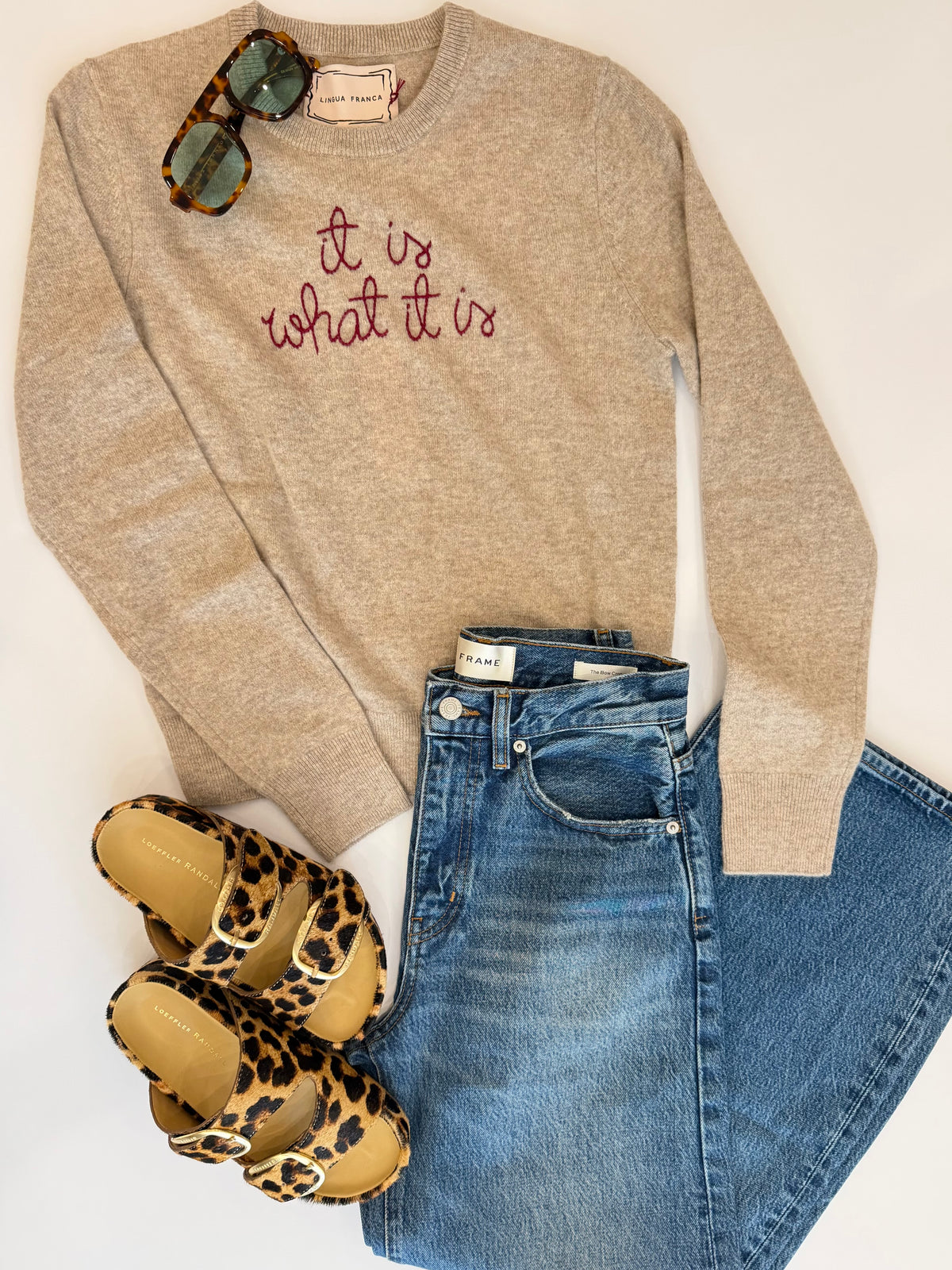 It Is What It Is Embroidered 100% Cashmere Crewneck Sweater Oatmeal