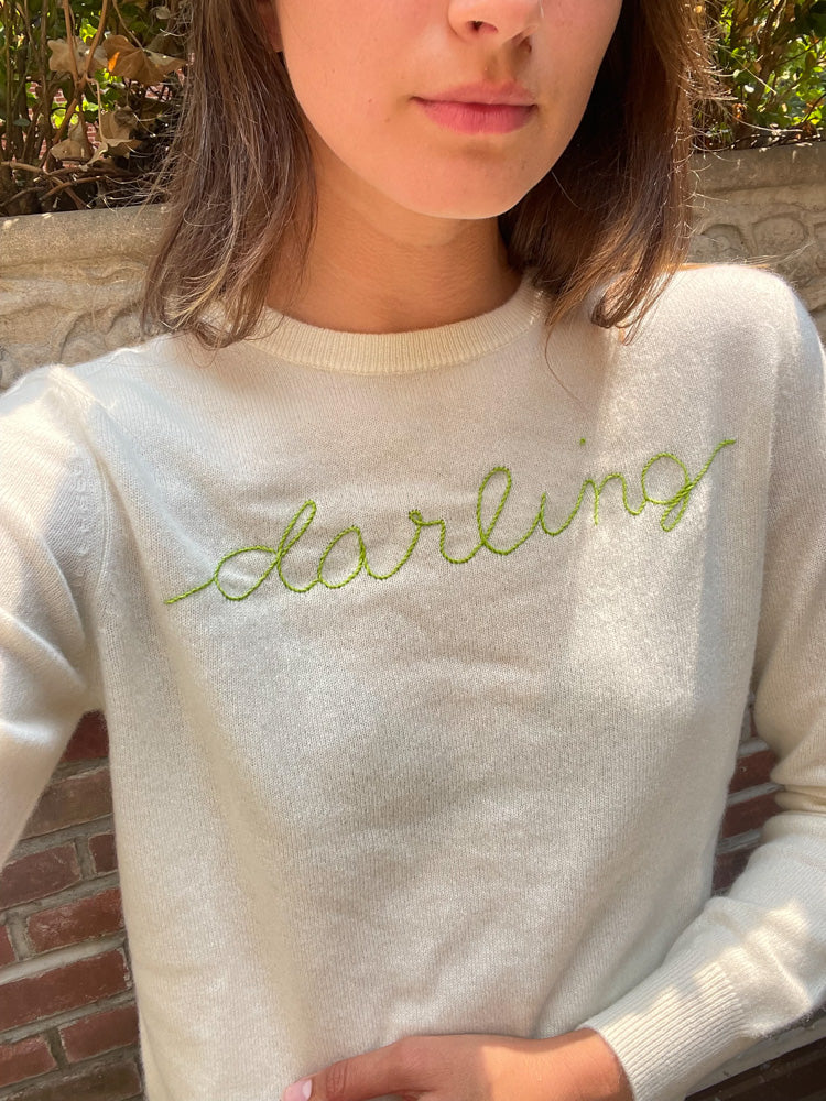 Darling Embroidered 100% Cashmere Crewneck Sweater Cream