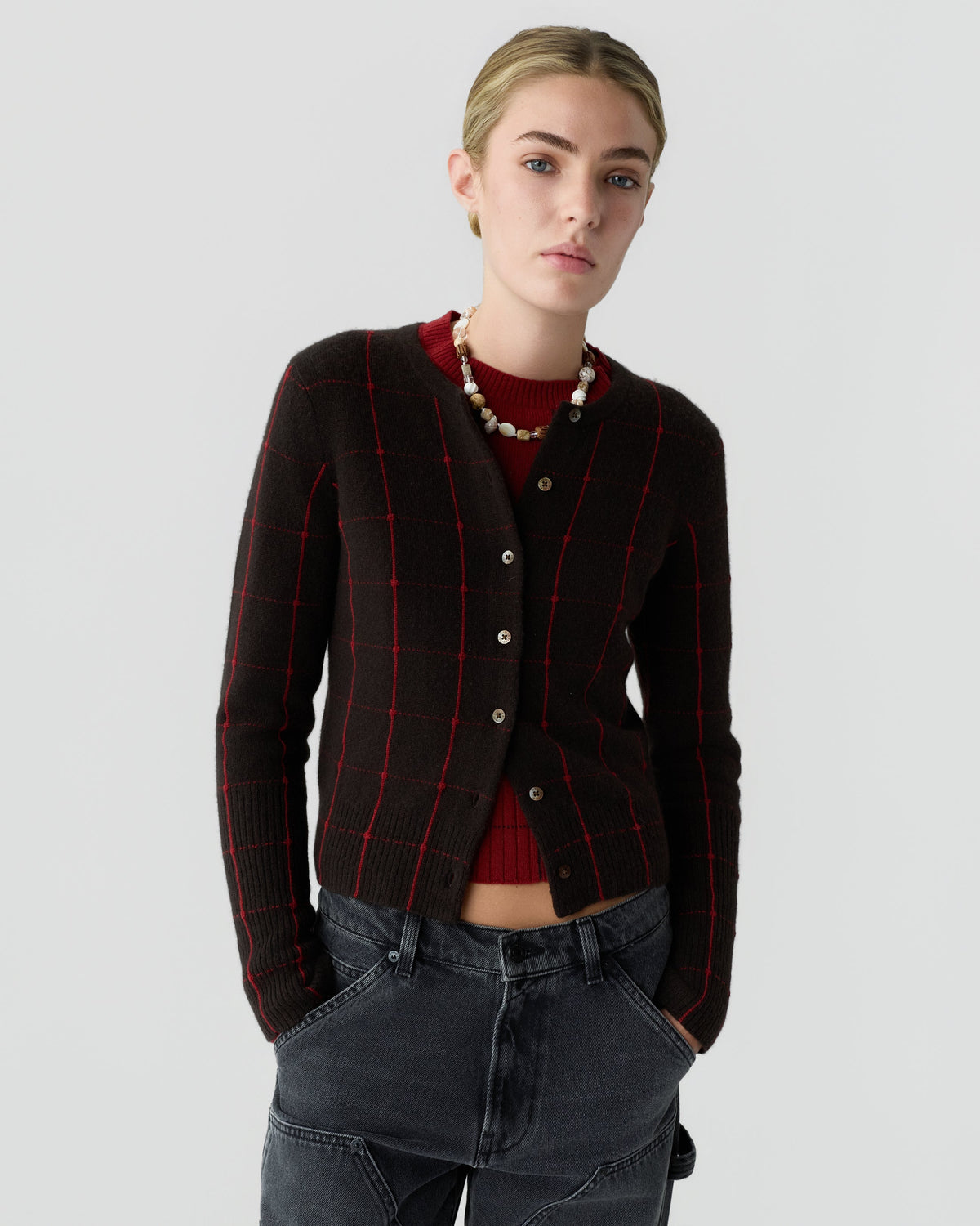 Jane Checker Cardigan Burnt Cocoa/Carmine