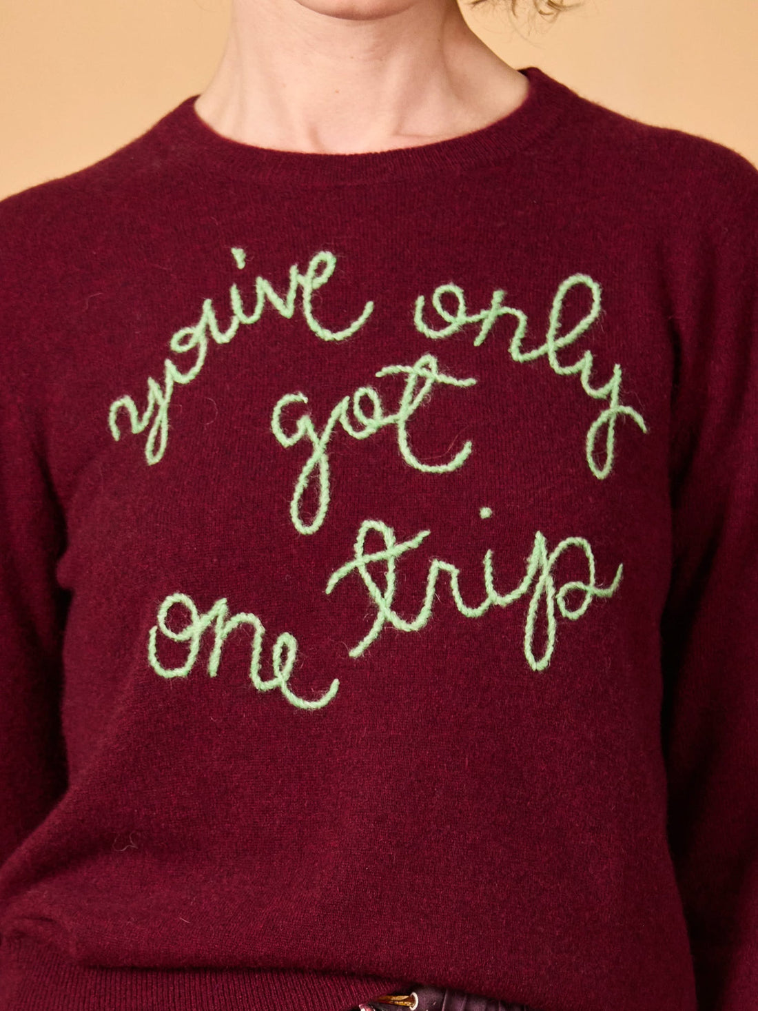 You've Only Got One Trip Embroidered 100% Cashmere Crewneck Sweater Maroon