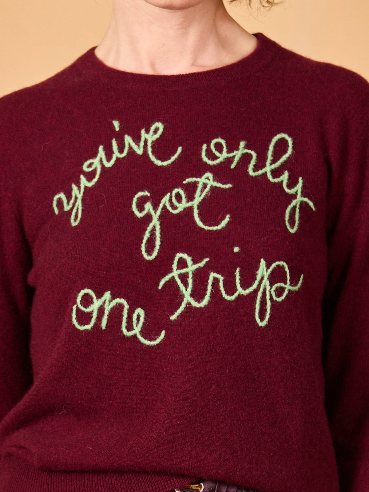 You've Only Got One Trip Embroidered 100% Cashmere Crewneck Sweater Maroon
