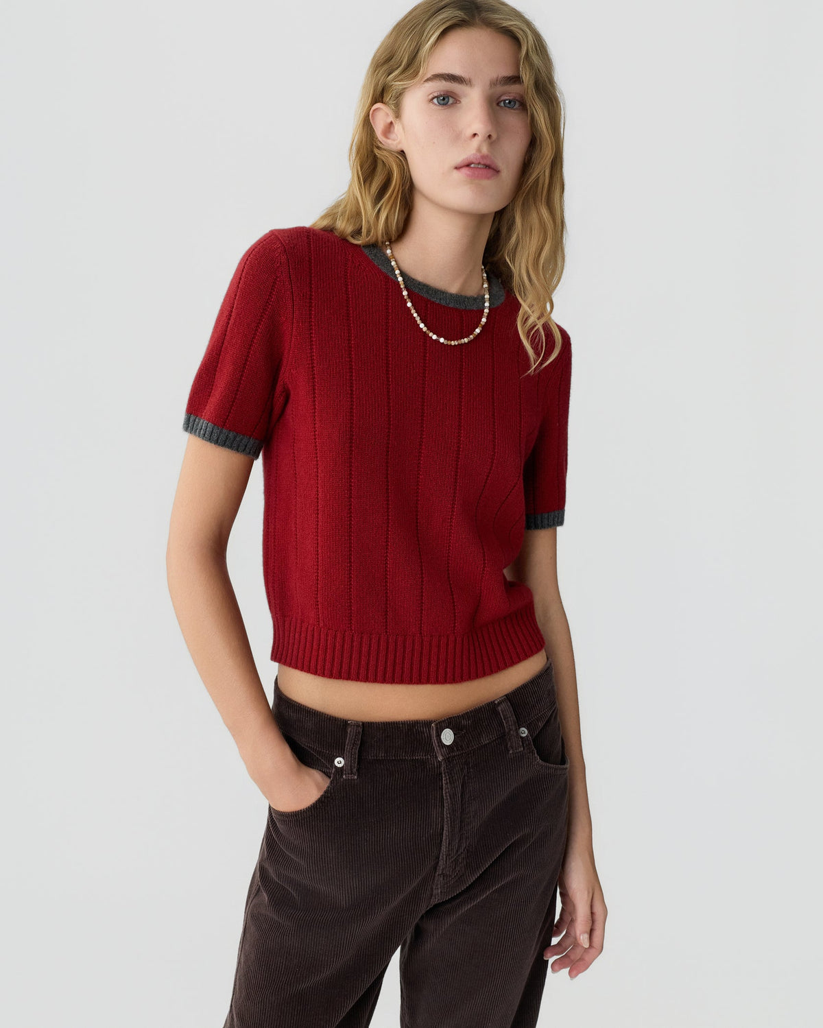 Rib Ringer Tee Carmine/Charcoal