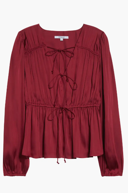 Esmeralda Airy Satin Long Sleeve Smocked Waist Top Carmine