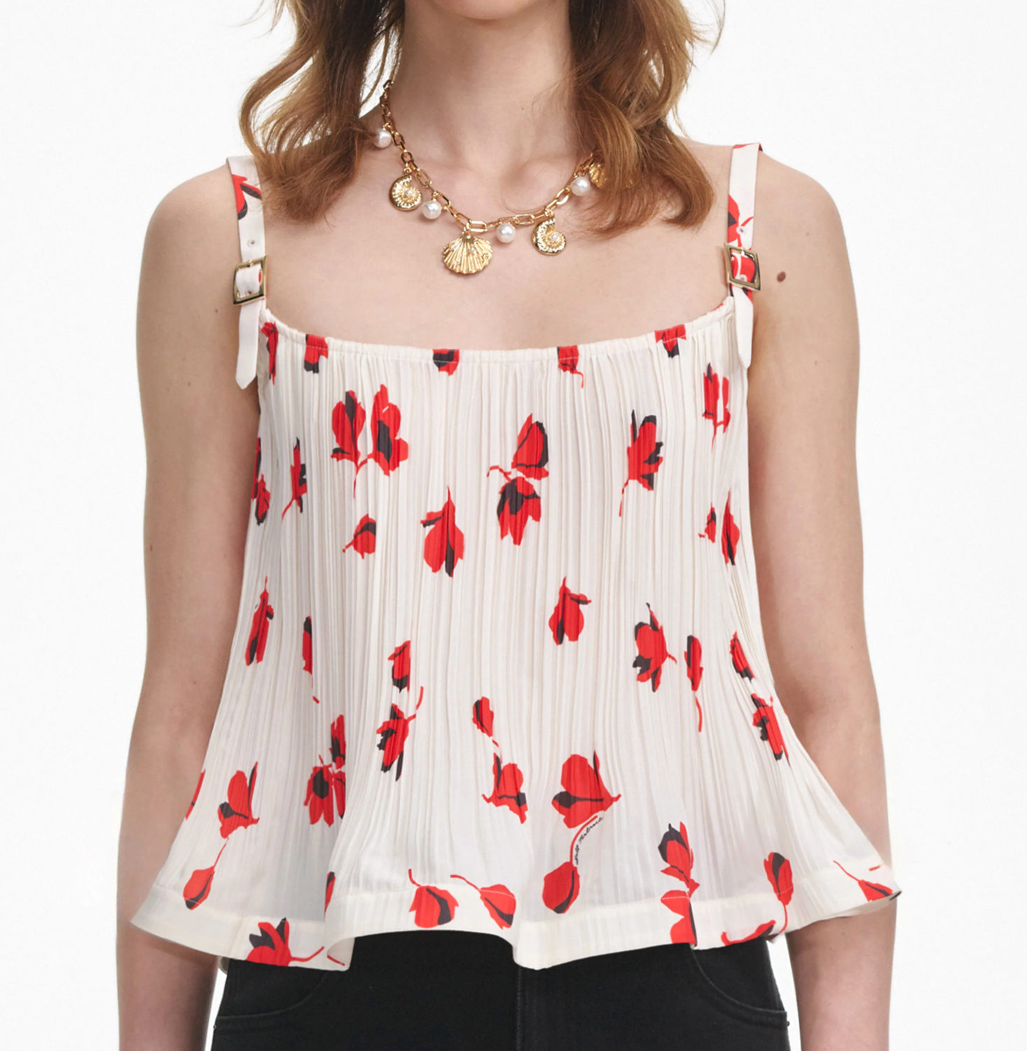 White Floral Plisse Top