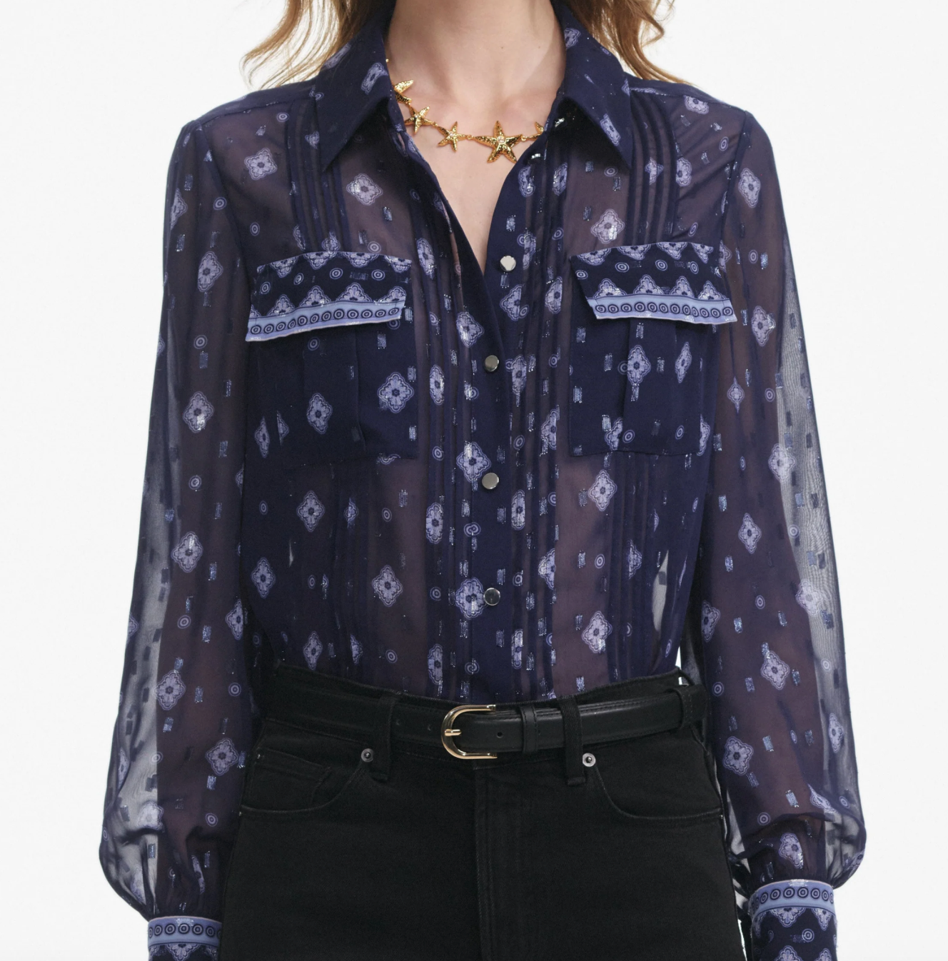 Navy Printed Chiffon Blouse
