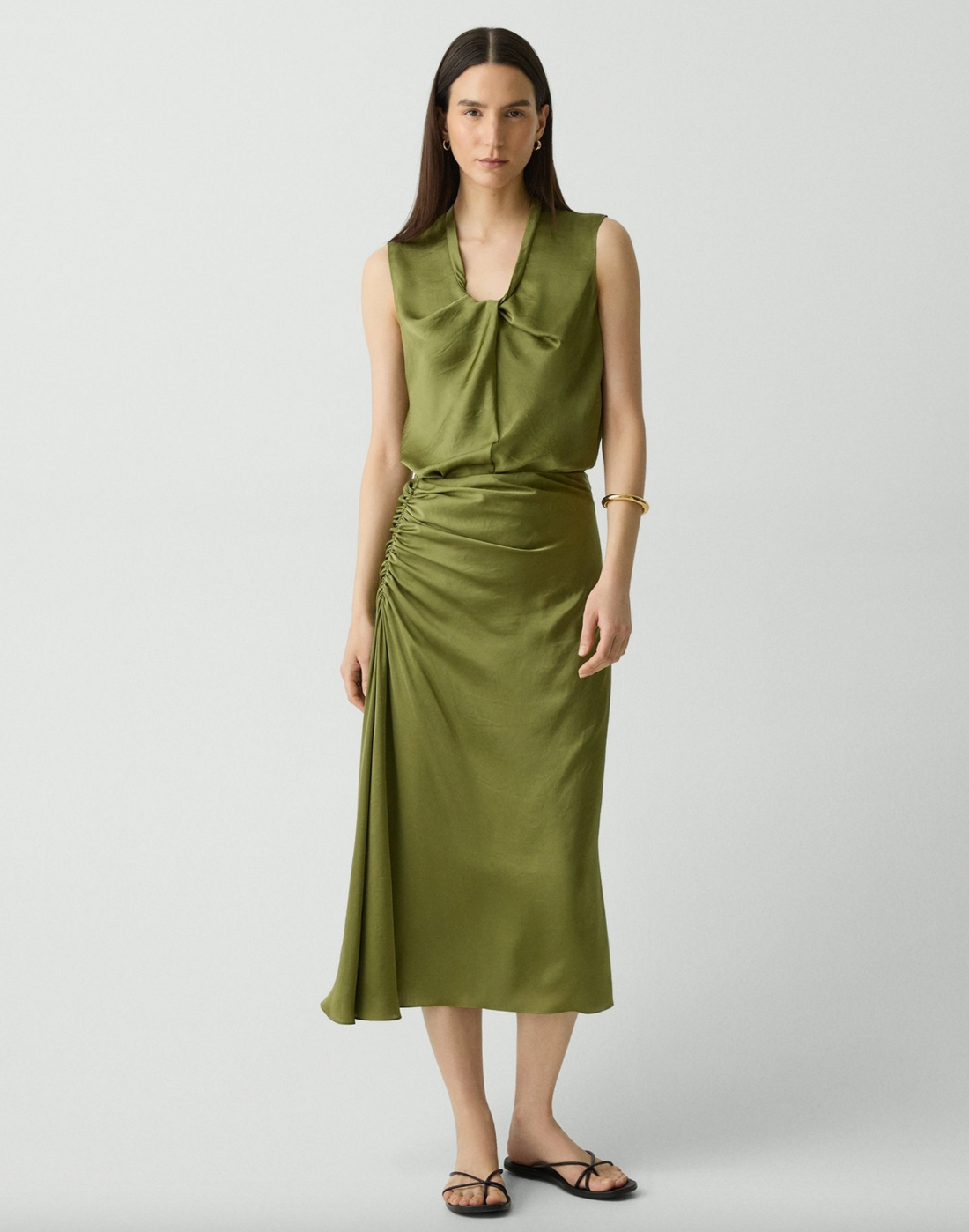 Crushed Satin Ruched Midi Skirt