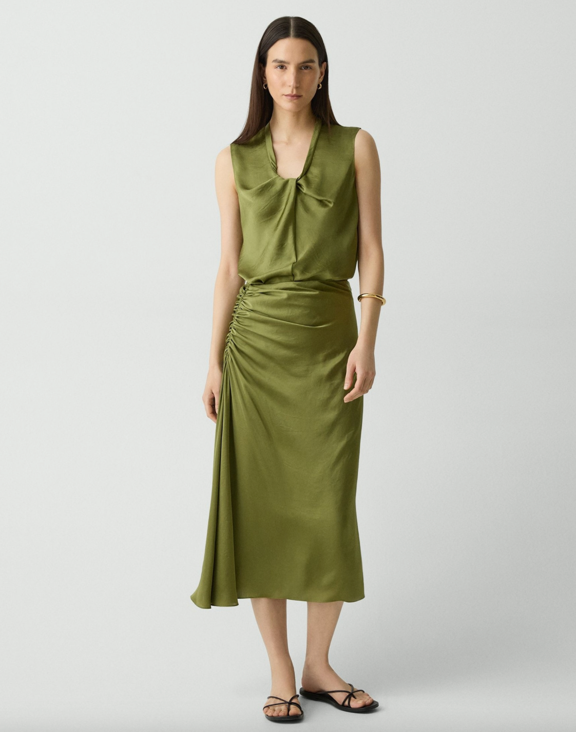 Crushed Satin Ruched Midi Skirt