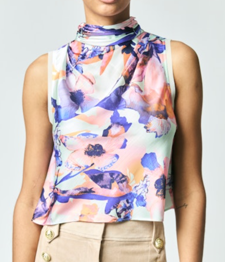 Lina Floral Print Satin Mock Neck Top
