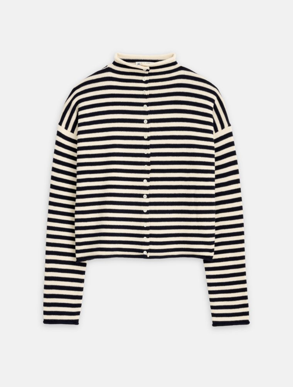 Taylor Cardigan In Stripe Cotton Cashmere Blend Navy/Ivory