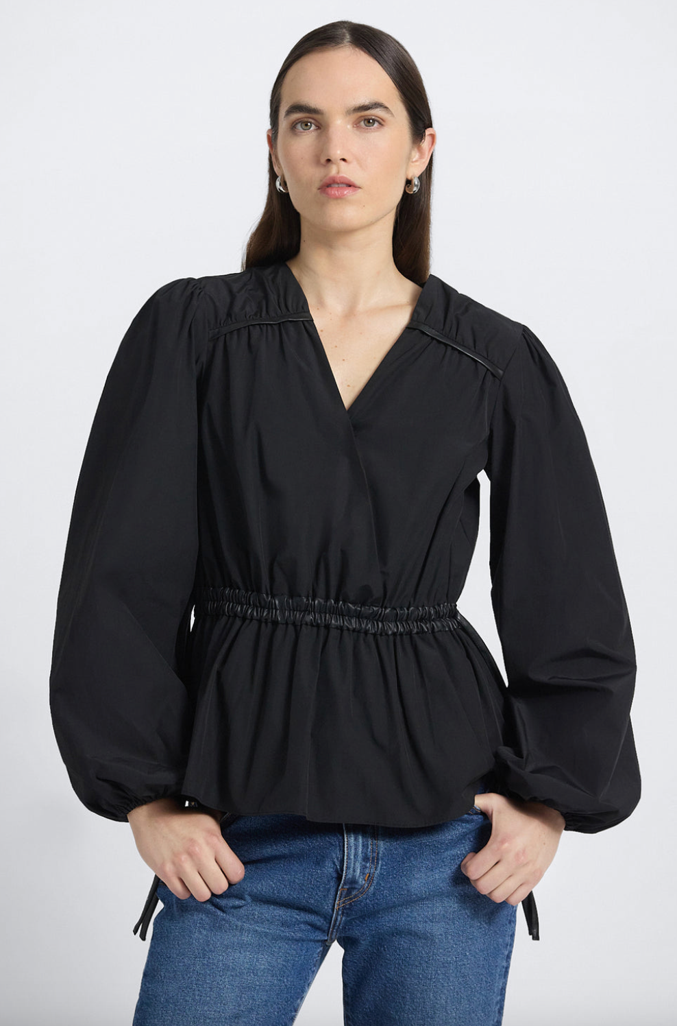 Dominica Leather Trim Poly Cotton Poplin Top