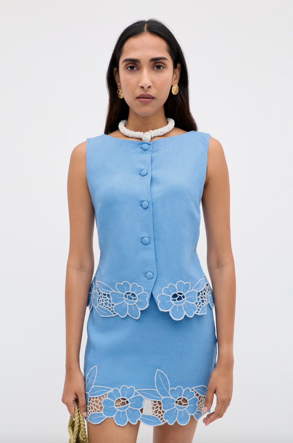 Lucca Top Daisy Cutwork Embroidery Blue