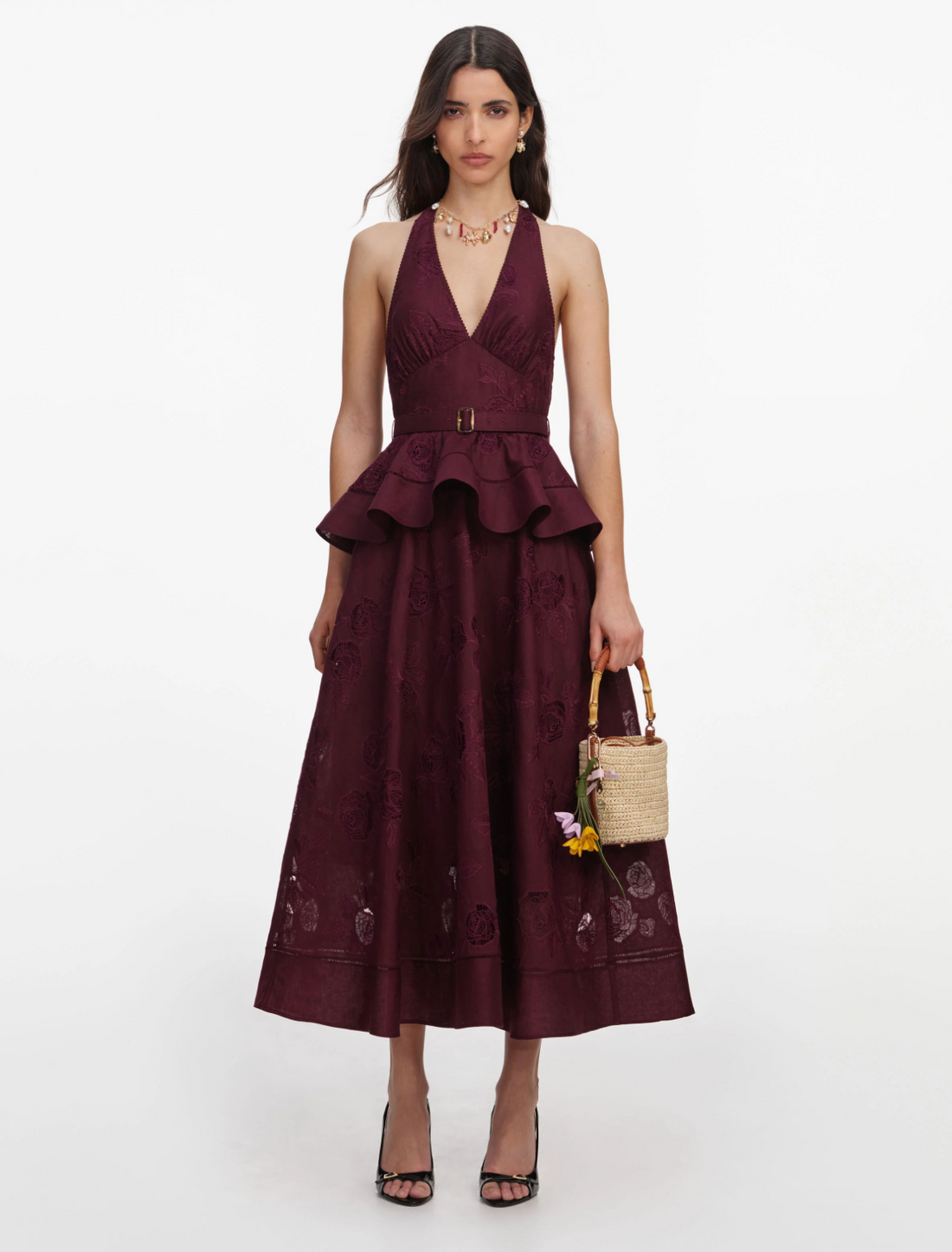 Plum Linen Peplum Midi Dress
