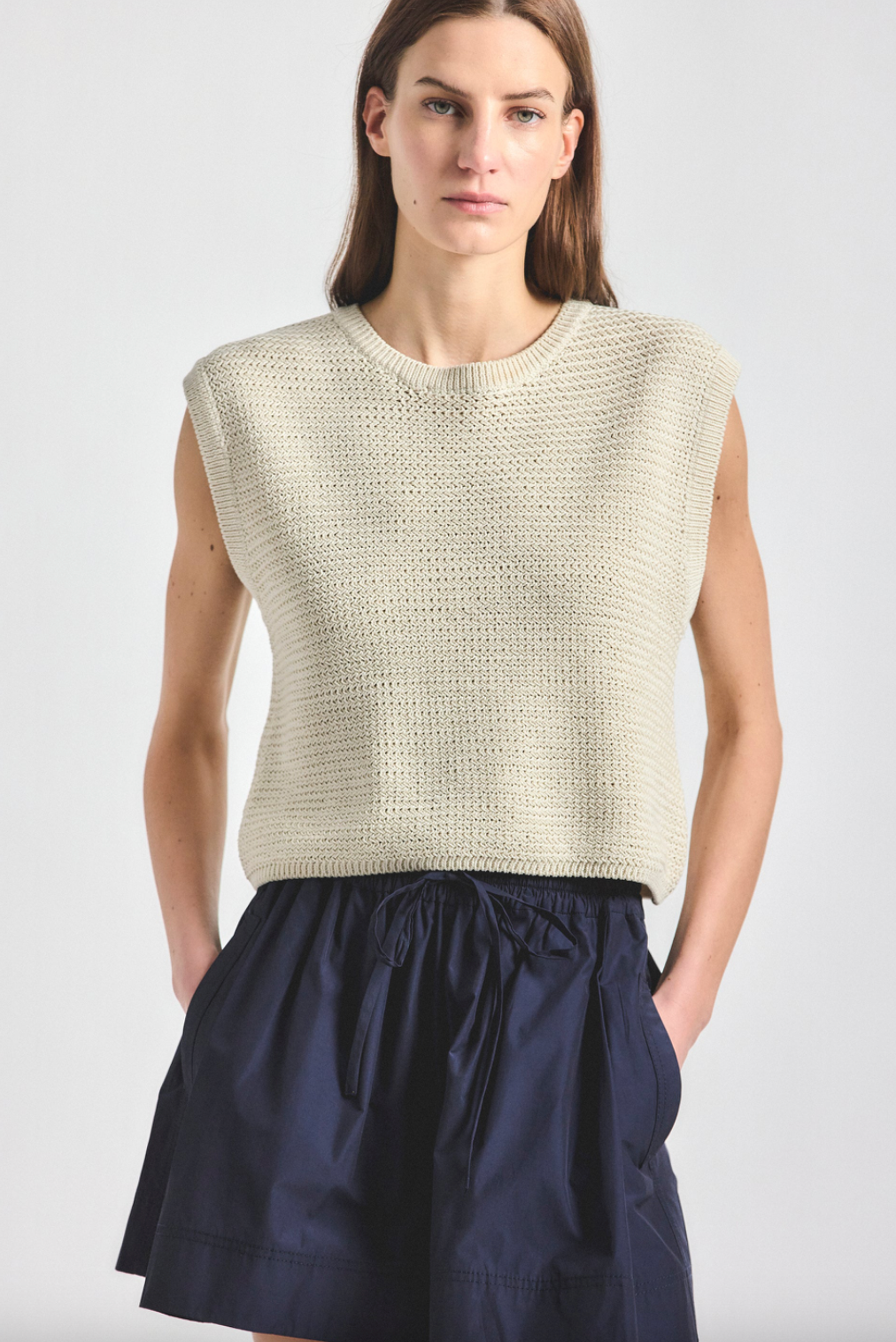 Vivienne Mercerized Cotton Mesh Knit Sleeveless Sweater Cream