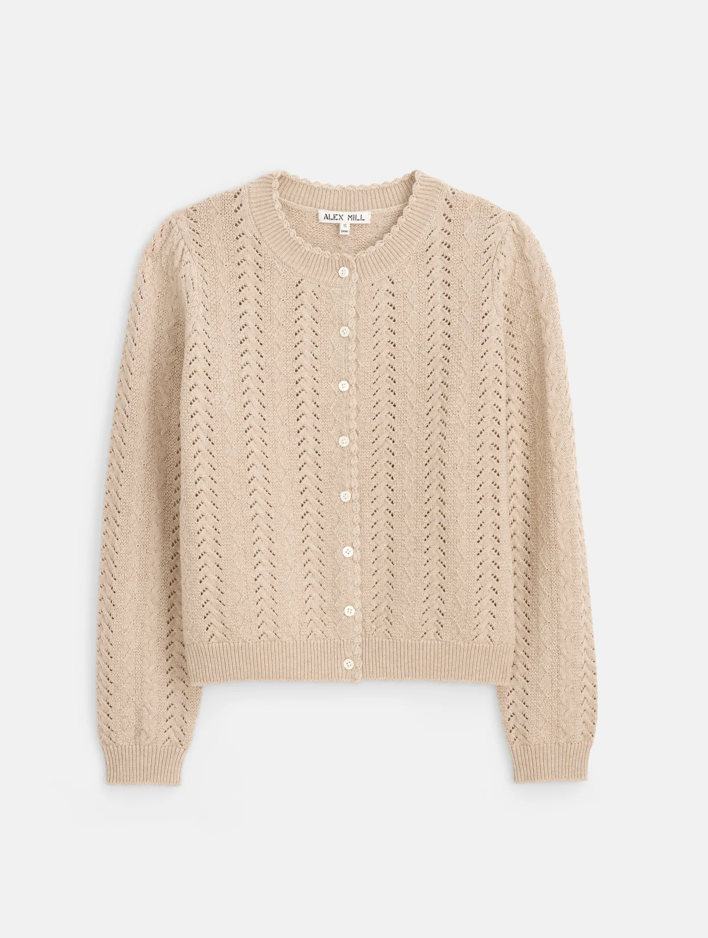 Sally Pointelle Cardigan in Wool Cotton Light Camel