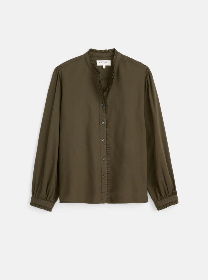 Chantilly Ruffle Shirt in Cotton Voile Military Olive