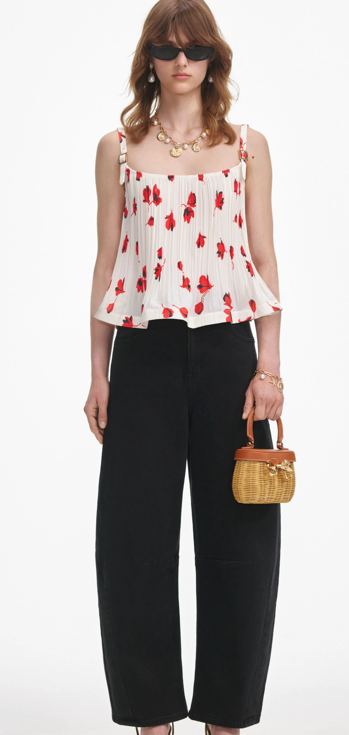 White Floral Plisse Top
