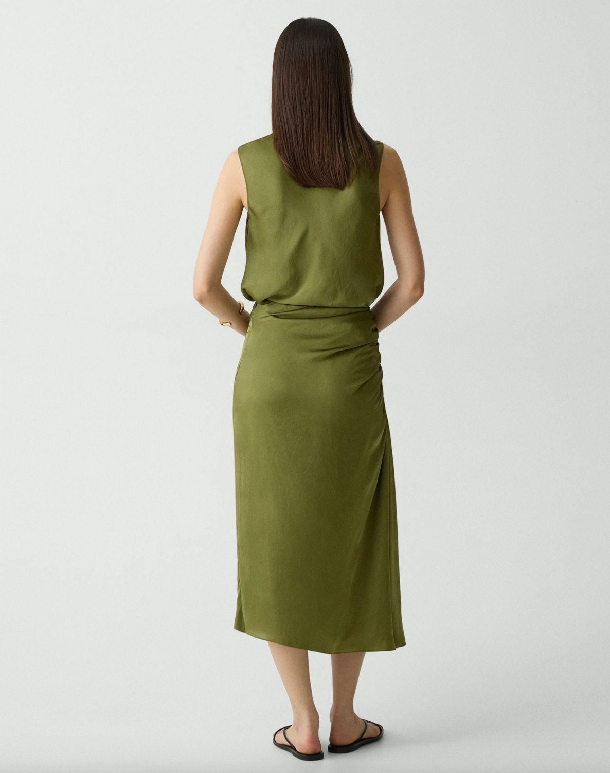 Crushed Satin Ruched Midi Skirt