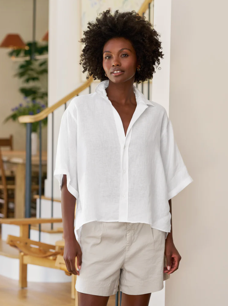 Short Sleeve Button Up White Linen