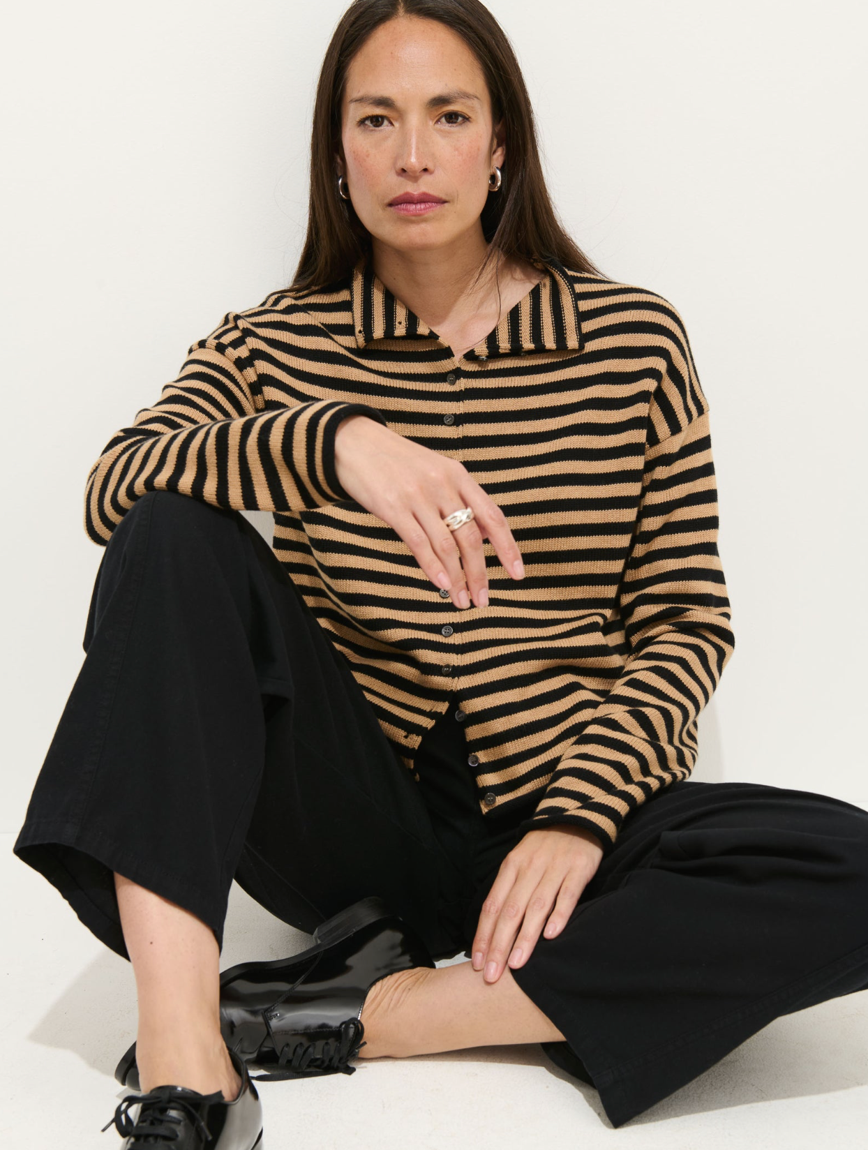Taylor Cardigan In Stripe Cotton Cashmere Blend Black/Camel
