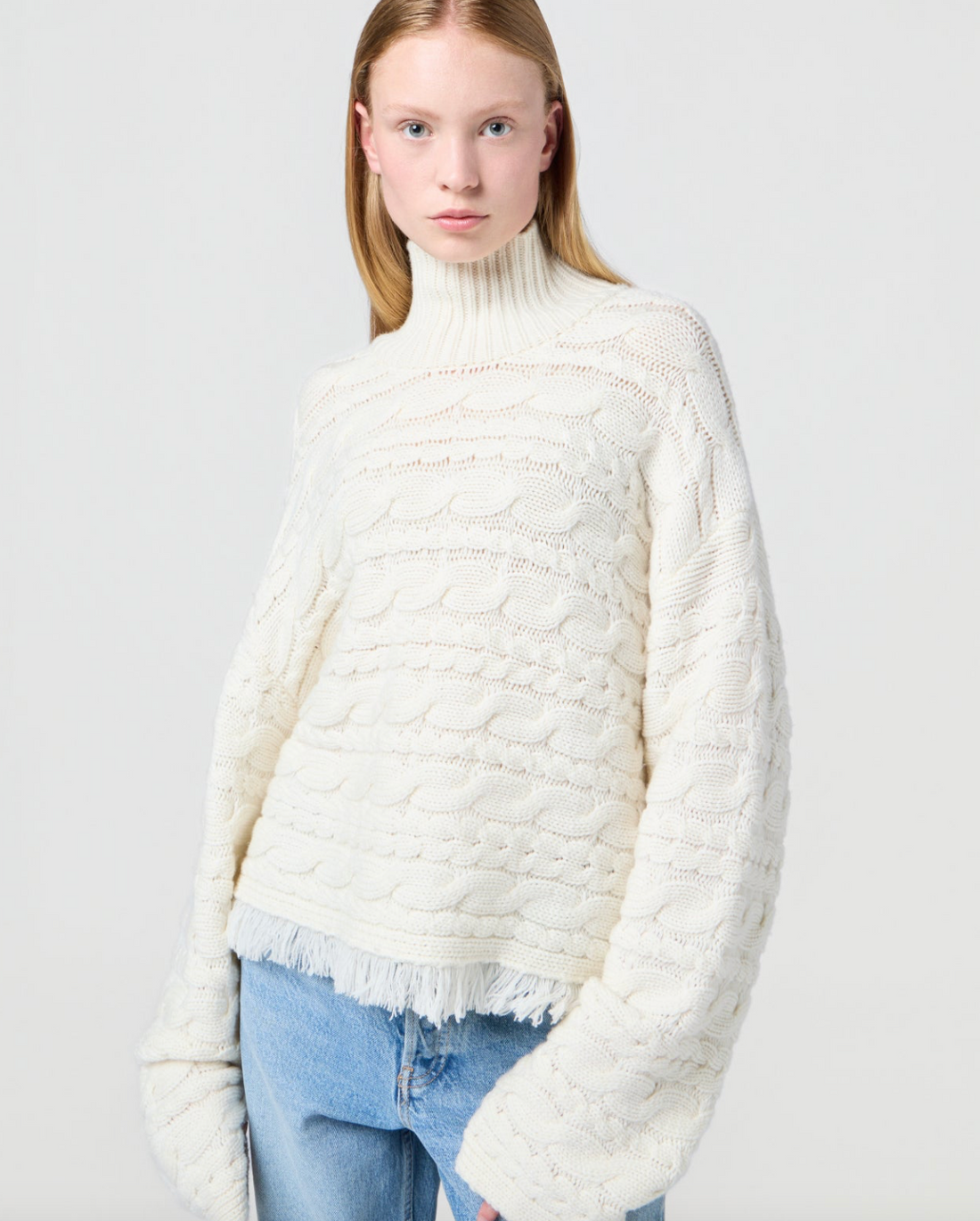 Cropped Cable Turtleneck Cream