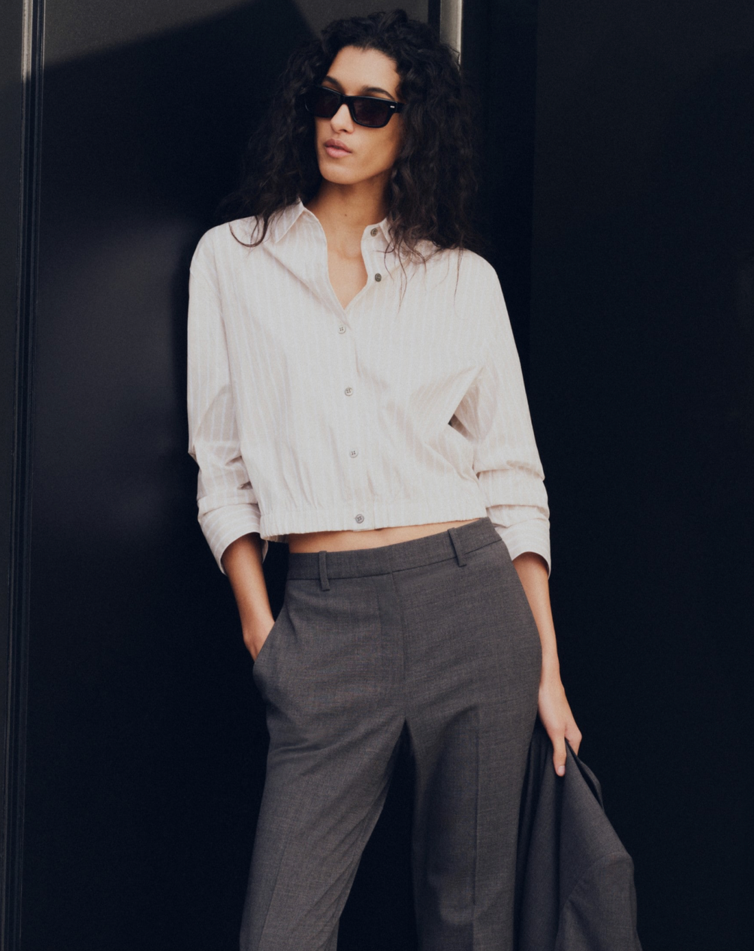 Fixed Sleeve Cropped Button Down Sand Multi