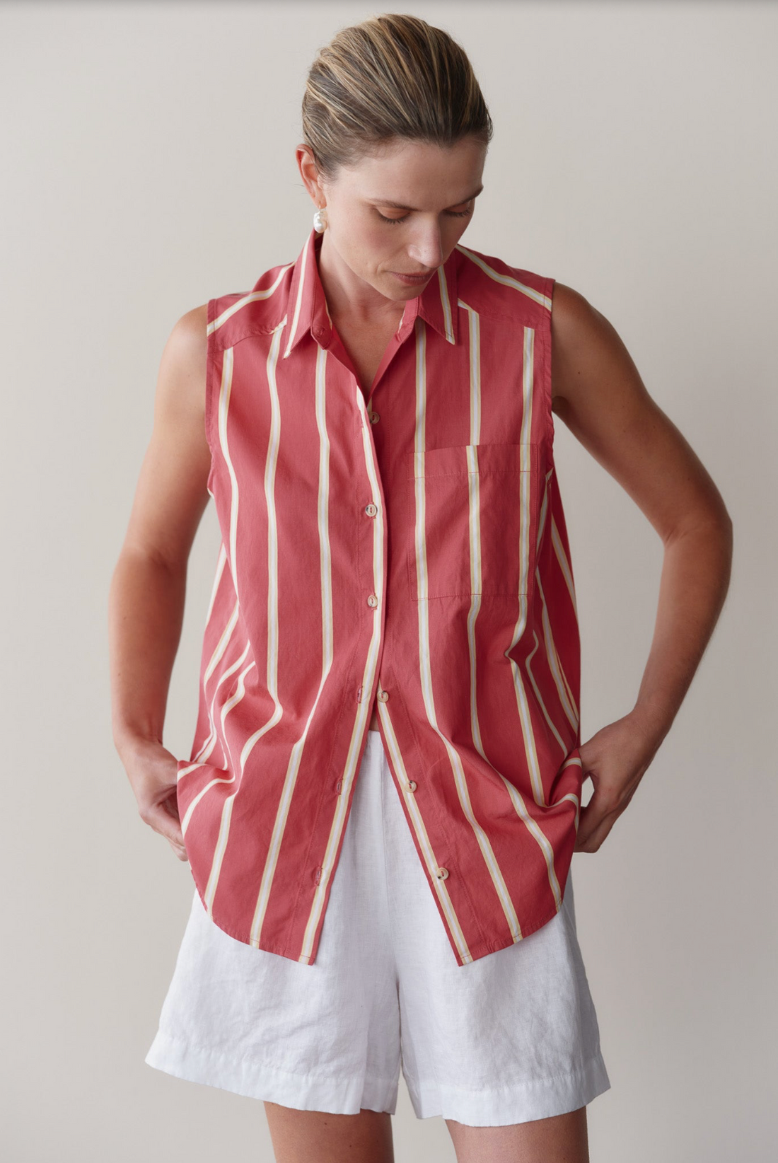 The Pop Stripe Sleeveless Shirt Rasberry