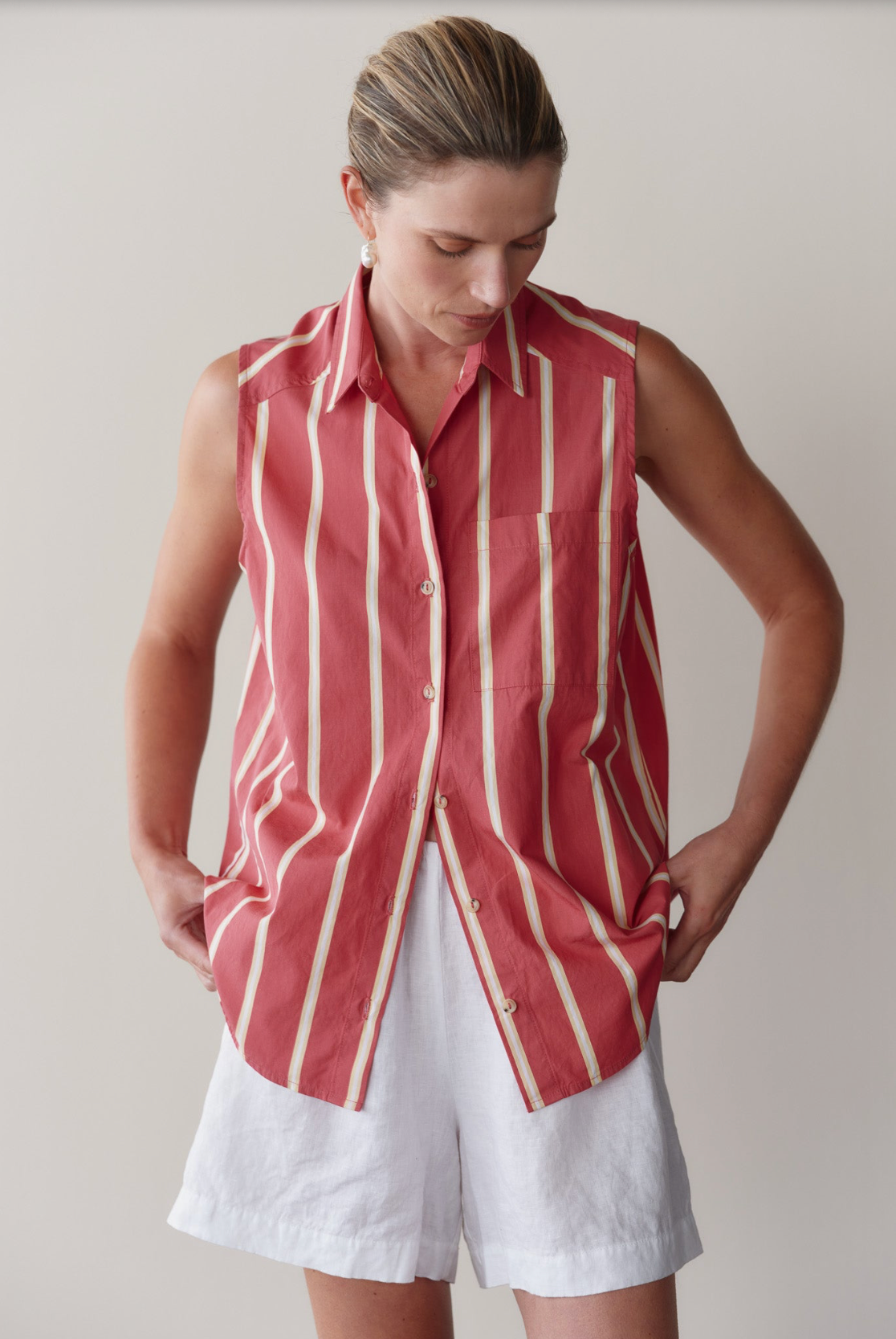 The Pop Stripe Sleeveless Shirt Rasberry