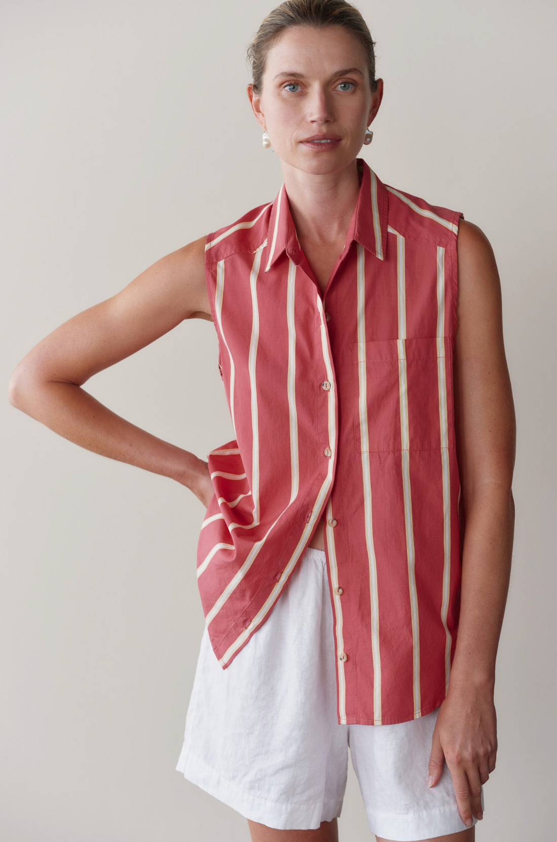 The Pop Stripe Sleeveless Shirt Rasberry