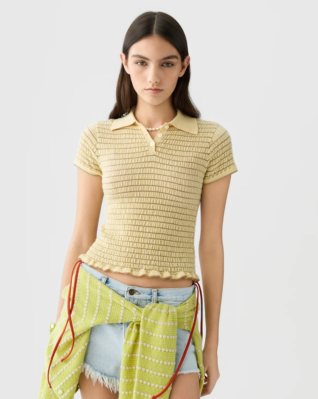 Smocked Shrunken Polo Butter/Camel