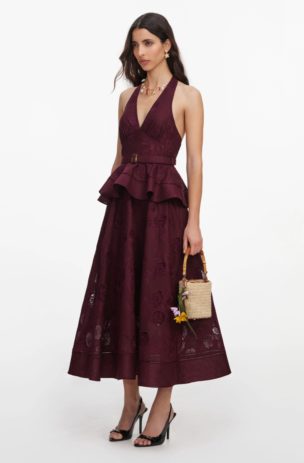 Plum Linen Peplum Midi Dress