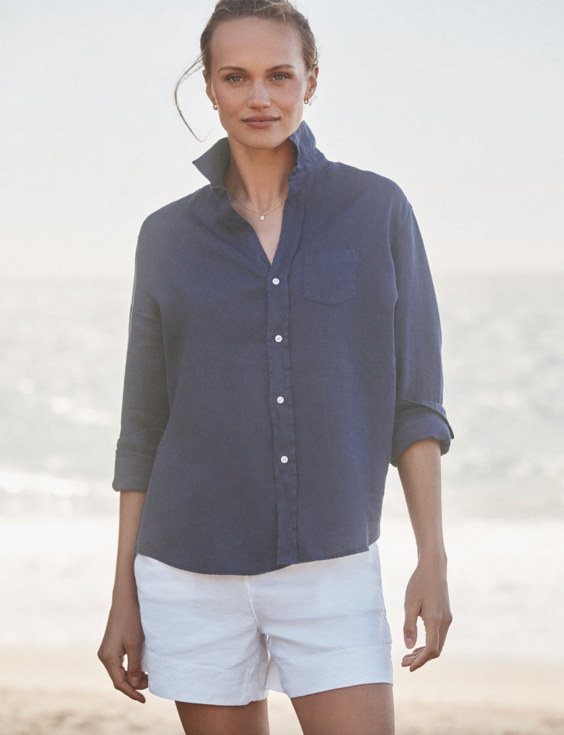 Eileen Relaxed Button-Up Shirt Navy Linen