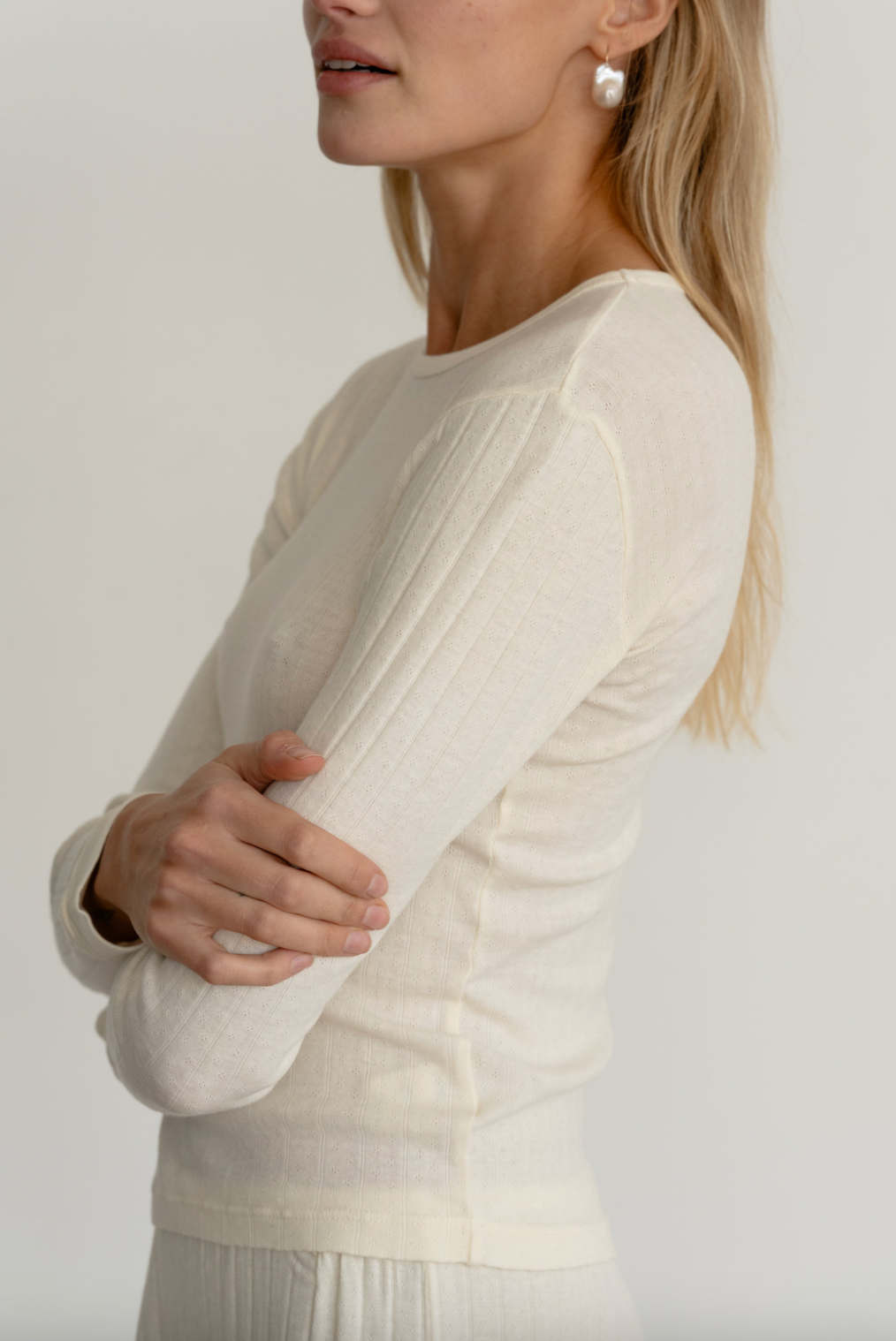 The Pointelle Long Sleeve Creme