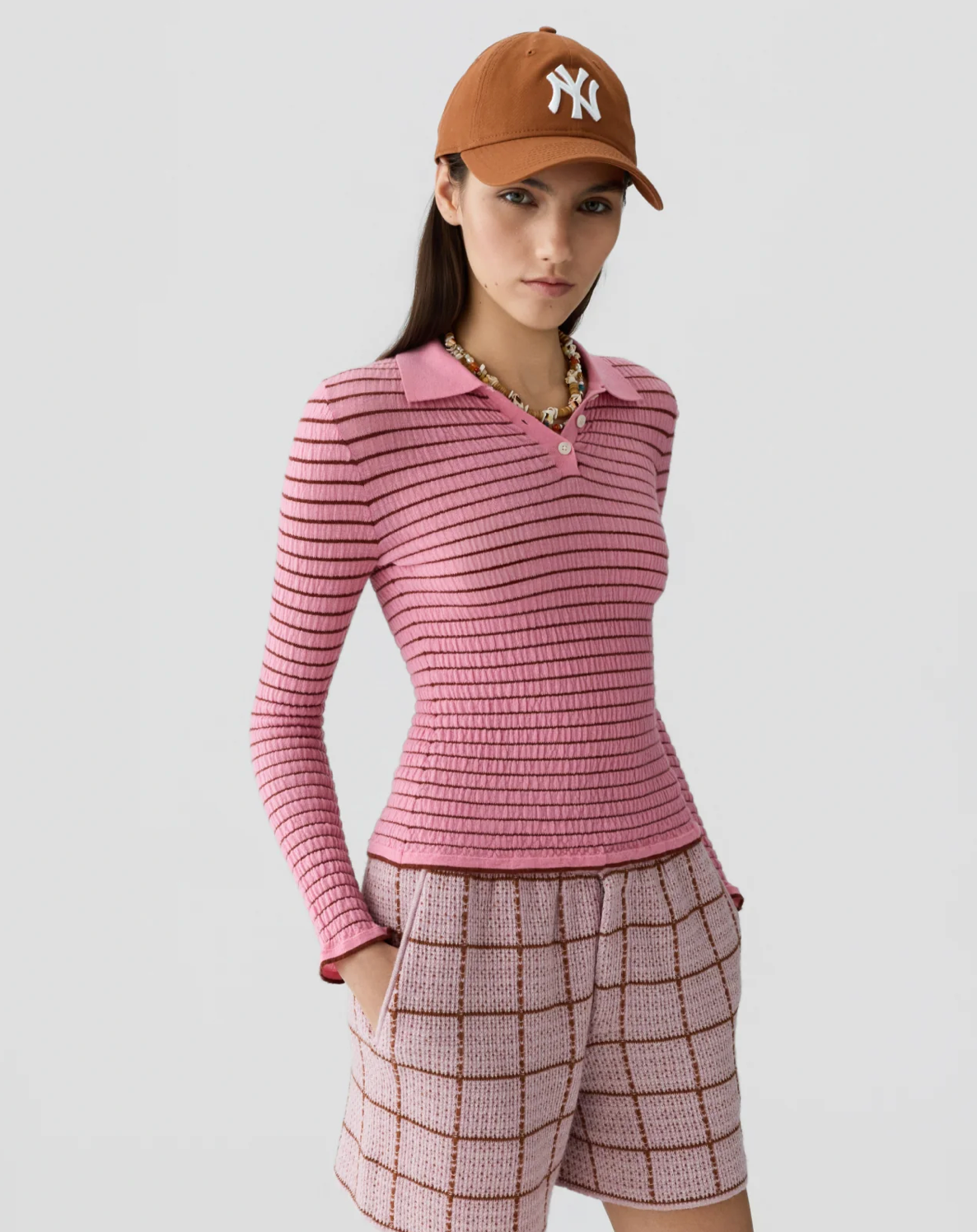 Smocked L/S Shrunken Polo Sprinkle/Burnt Sienna