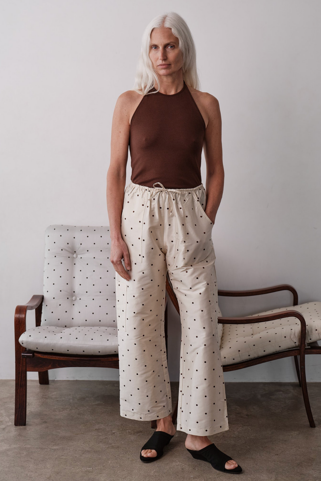 The Silk Taffeta Cargo Pant Creme Polka Dot