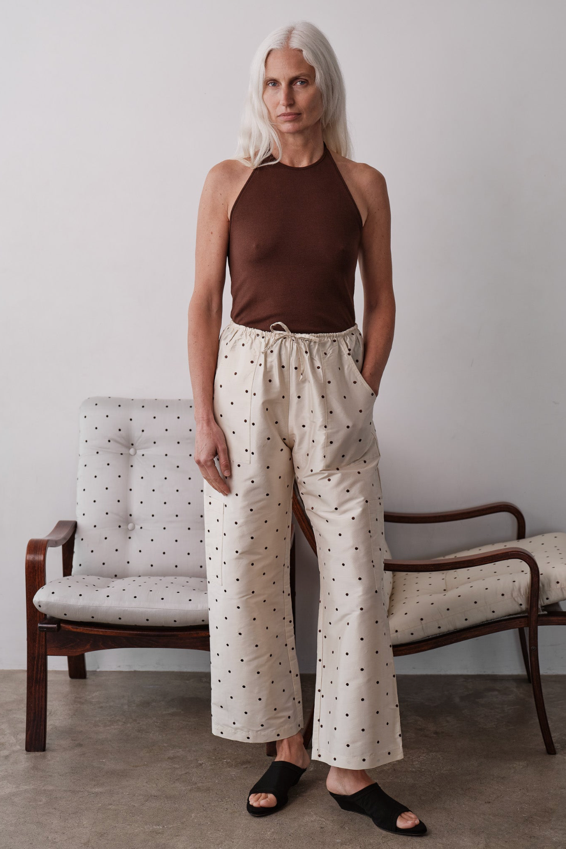 The Silk Taffeta Cargo Pant Creme Polka Dot