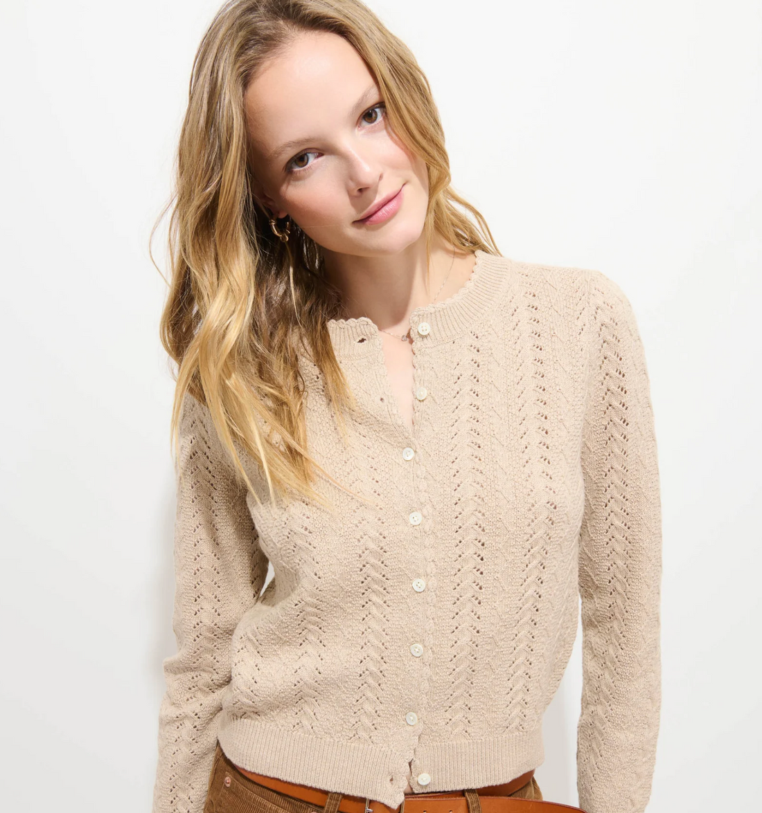 Sally Pointelle Cardigan in Wool Cotton Light Camel