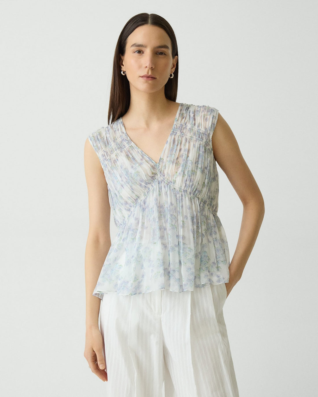 Ruched Sleeveless Top in Floral Silk