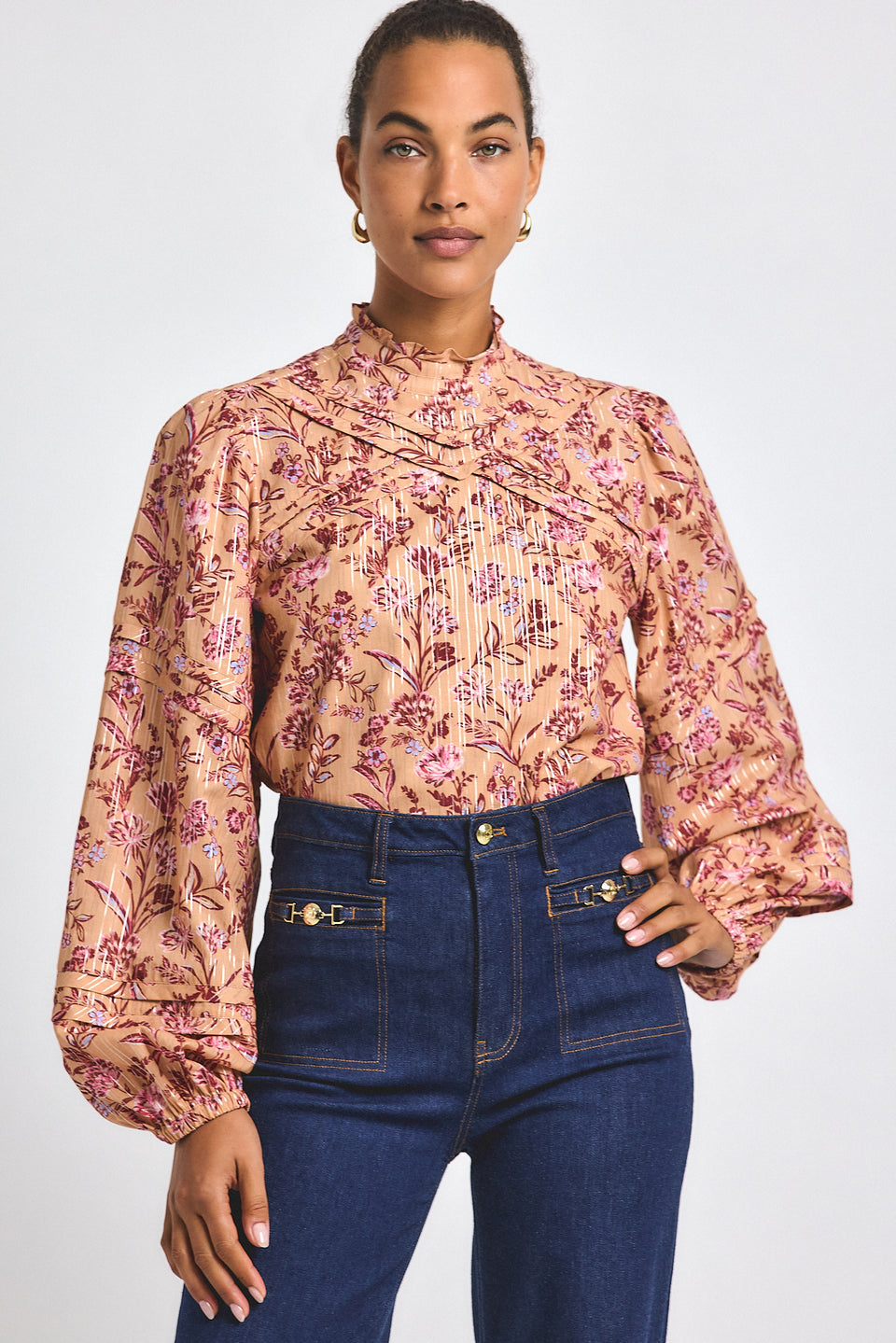 Marlowe Lurex Stripe Printed Voile Long Sleeve Blouse